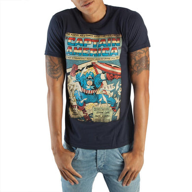 Classic Captain America Marvel Comic Book Cover Artwork Men’s Navy Blue Graphic Print Boxed Cotton T-Shirt