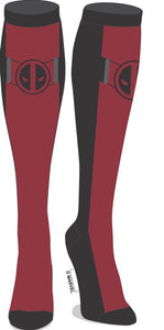 Red and Black Deadpool Print Knee Socks, Juniors Crew Sock, Marvel Movie Fashion