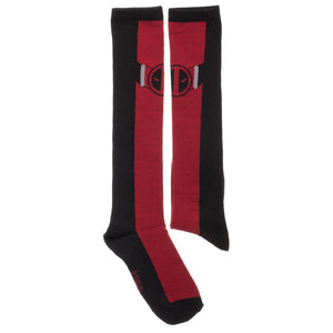 Red and Black Deadpool Print Knee Socks, Juniors Crew Sock, Marvel Movie Fashion